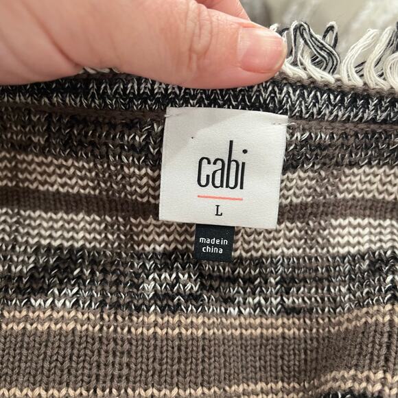 CAbi #4097 Gray Brown White Open Front Fringe Plaid Cardigan Sweater Sz Large - Picture 5 of 8